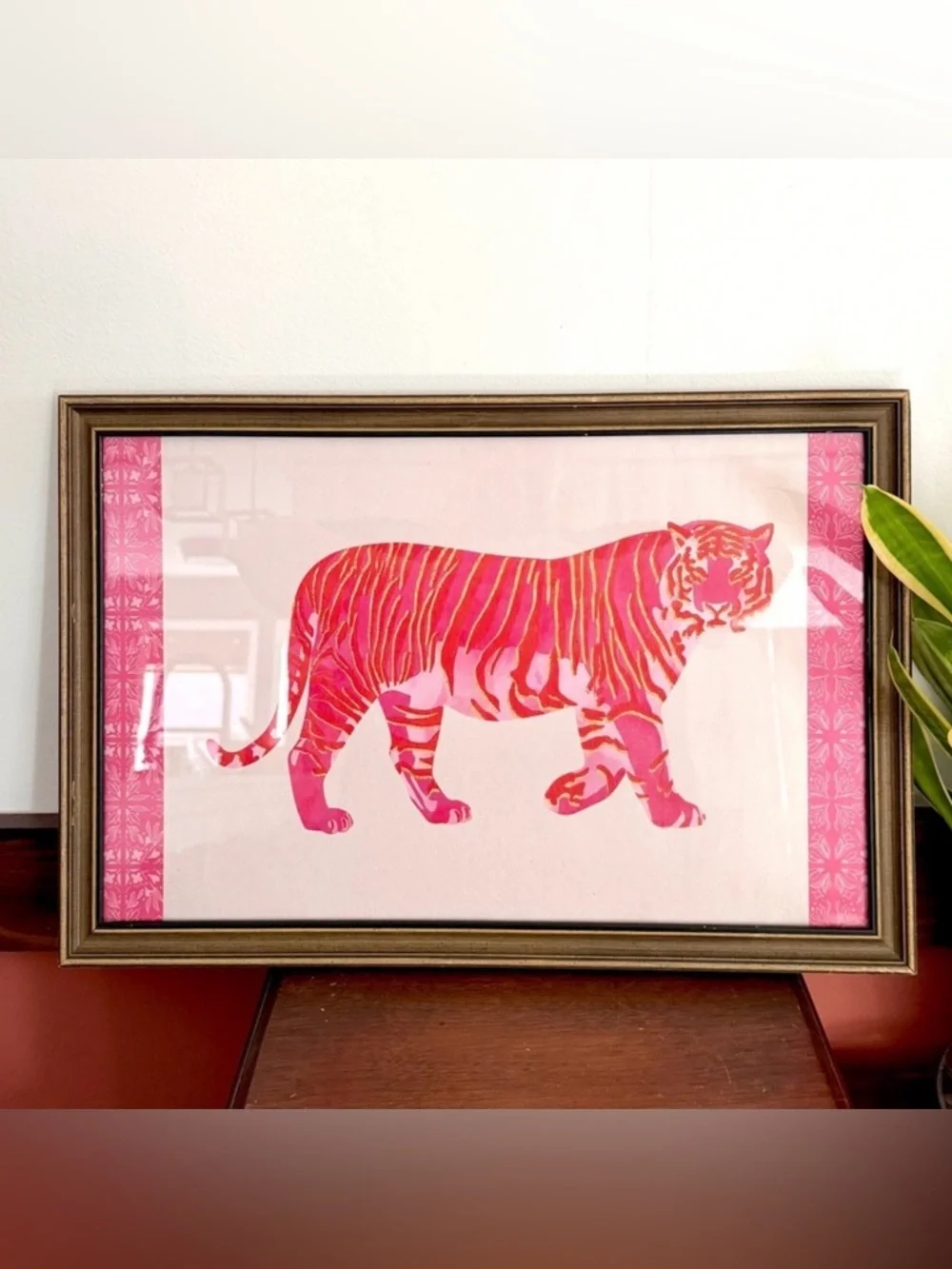 Pink Gold Tiger Art Print Wood Framed Wall Hanging Art Maximalist Home Decor